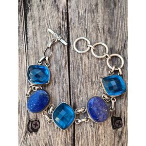 Vintage Sterling Silver Lapis Lazuli & Faceted Blue Topaz Toggle Bracelet, 8.25"